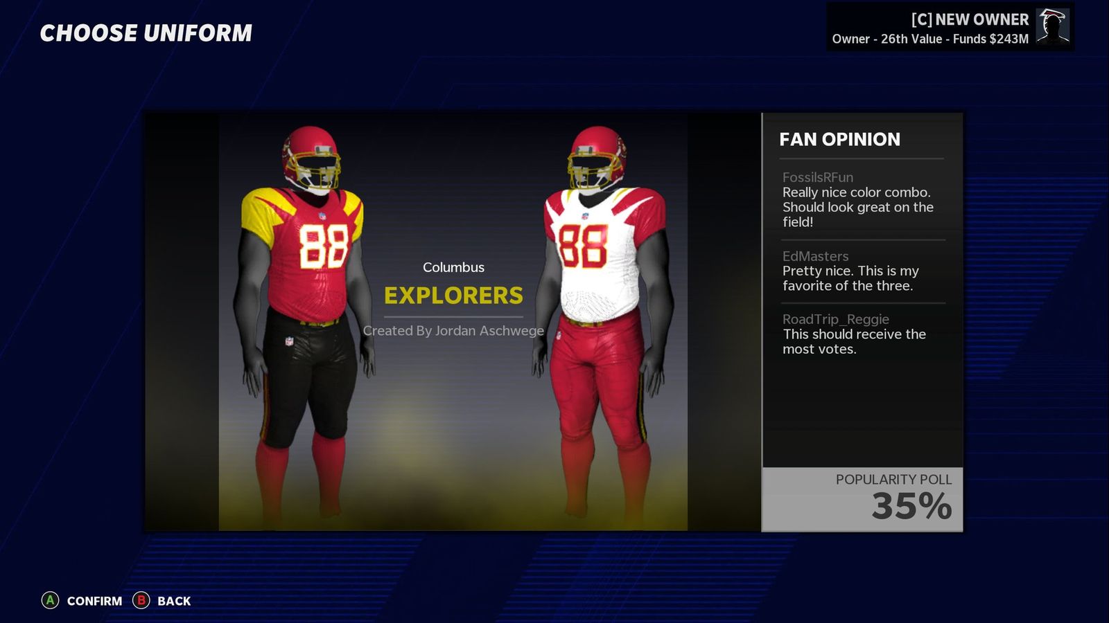 The Colombus Explorers relocation option that has been the same for the past 5 years in Madden 21