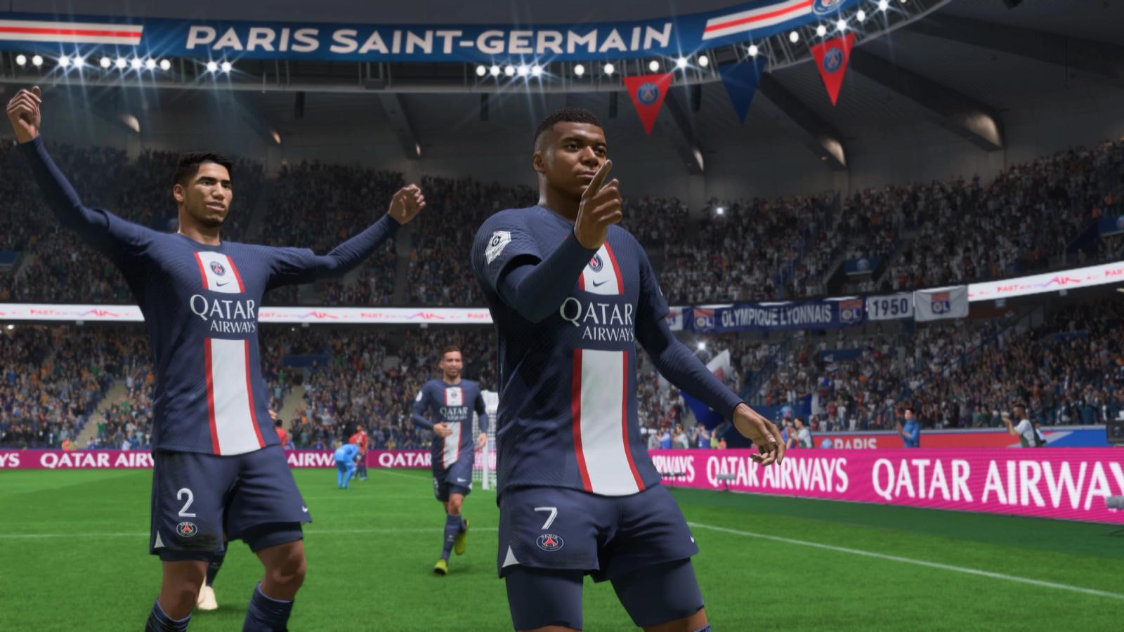 Achraf Hakimi celebrating with Kylian Mbappe in FIFA 23