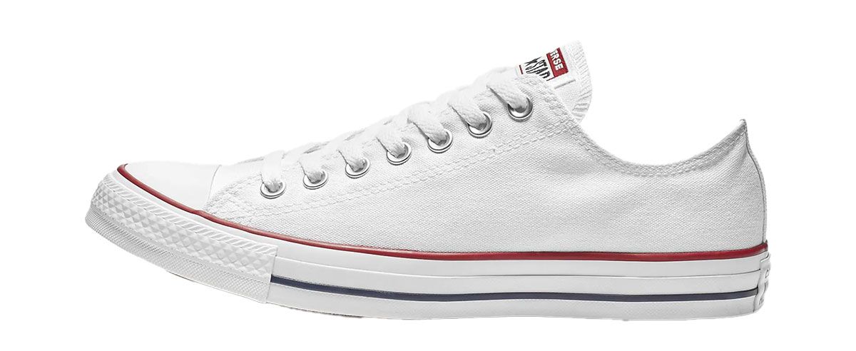 Converse Chuck Taylor All Star product image of a white low-top featuring navy and red details.