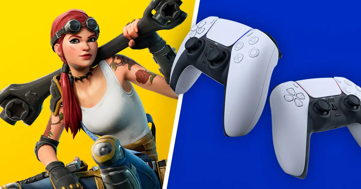 A character from Fortnite in a white shirt with red hair holding a large spanner next to two white and black DualSense controllers.