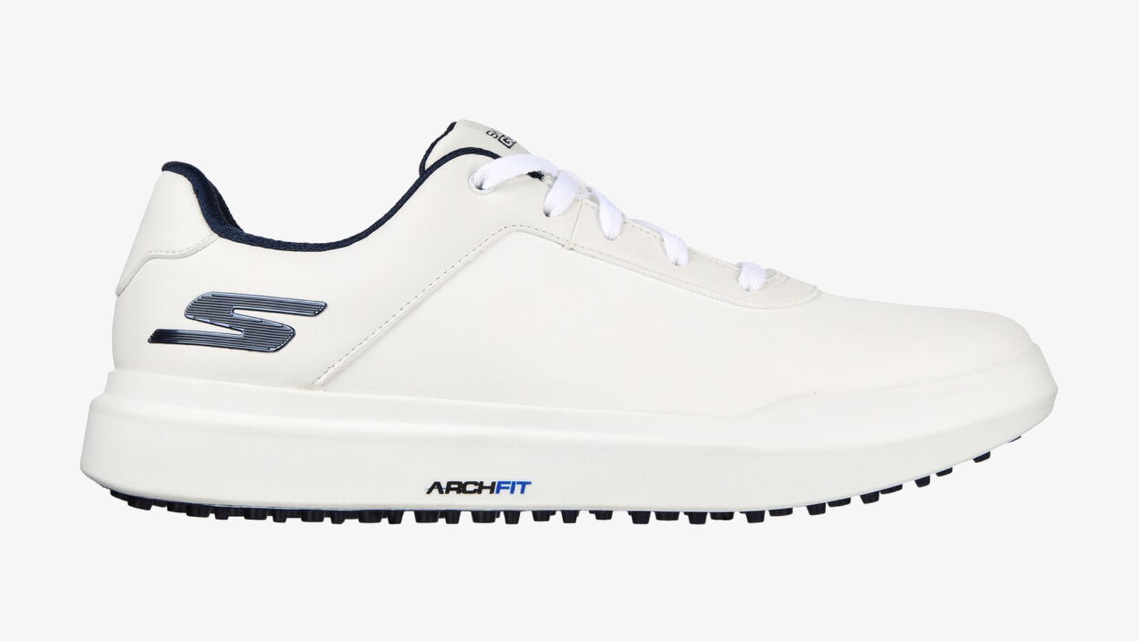 Skechers GO GOLF Drive 5 product image of a white golf shoe featuring navy branding and details.