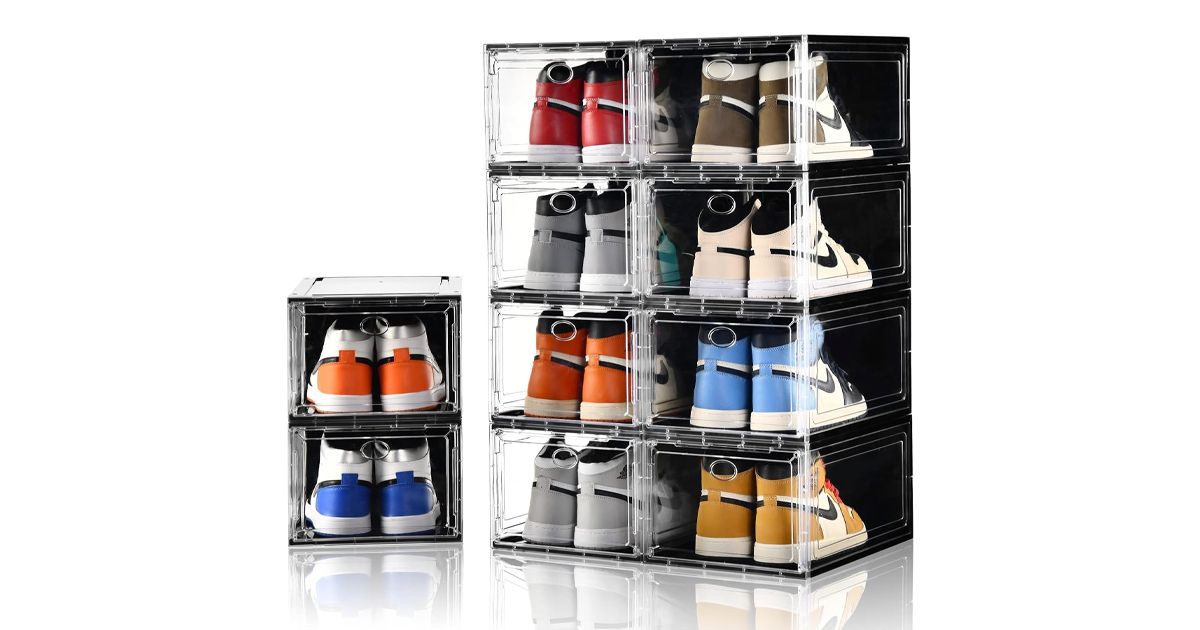 Amllas Stackable Shoe Boxes product image of a set of clear and black shoe boxes with multicoloured trainers inside.