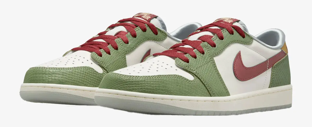 Air Jordan 1 Low "Chinese New Year" product image of a green and sail-colored pair of low-tops with red laces and Swooshes down the sidewalls.