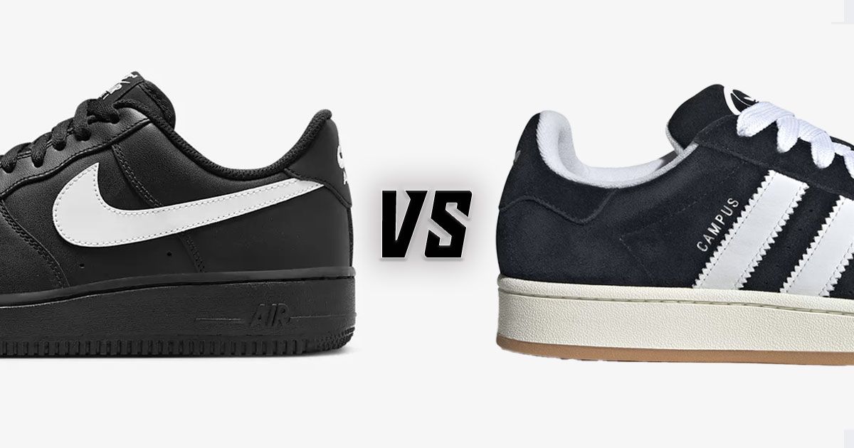 A black Nike Air Force 1 Low with a white Swoosh down the sidewall vs. a black suede adidas Campus with three white stripes down the sidewall and an off-white midsole.