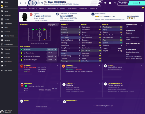 Ryan Sessegnon starting FM20 attributes.