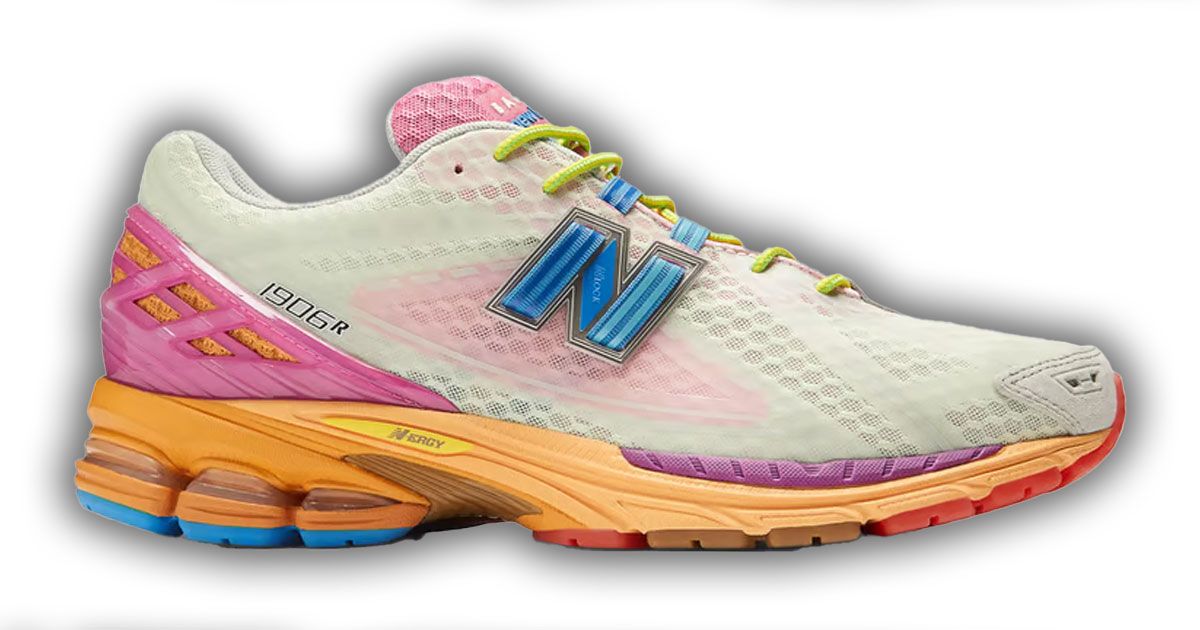 Action Bronson x New Balance 1906R "Rosewater" product image of a multicolored low-top running sneaker with the New Balance "N" in blue on the sidewall.