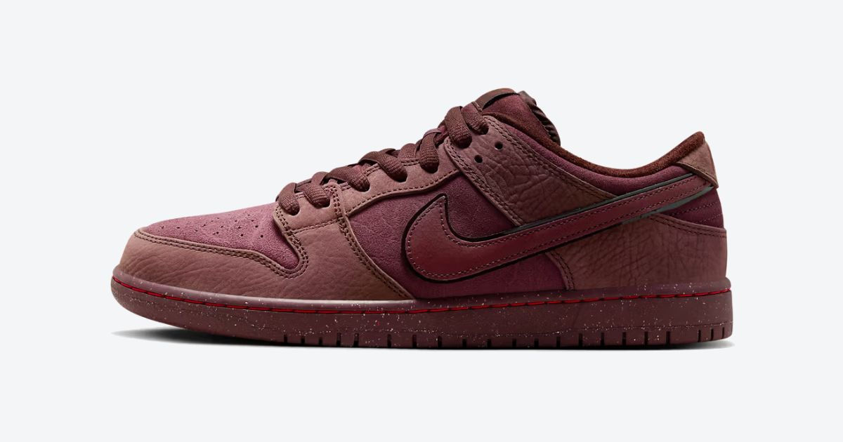 Nike SB Dunk Low "Burgundy Crush" product image of a burgundy suede low-top.