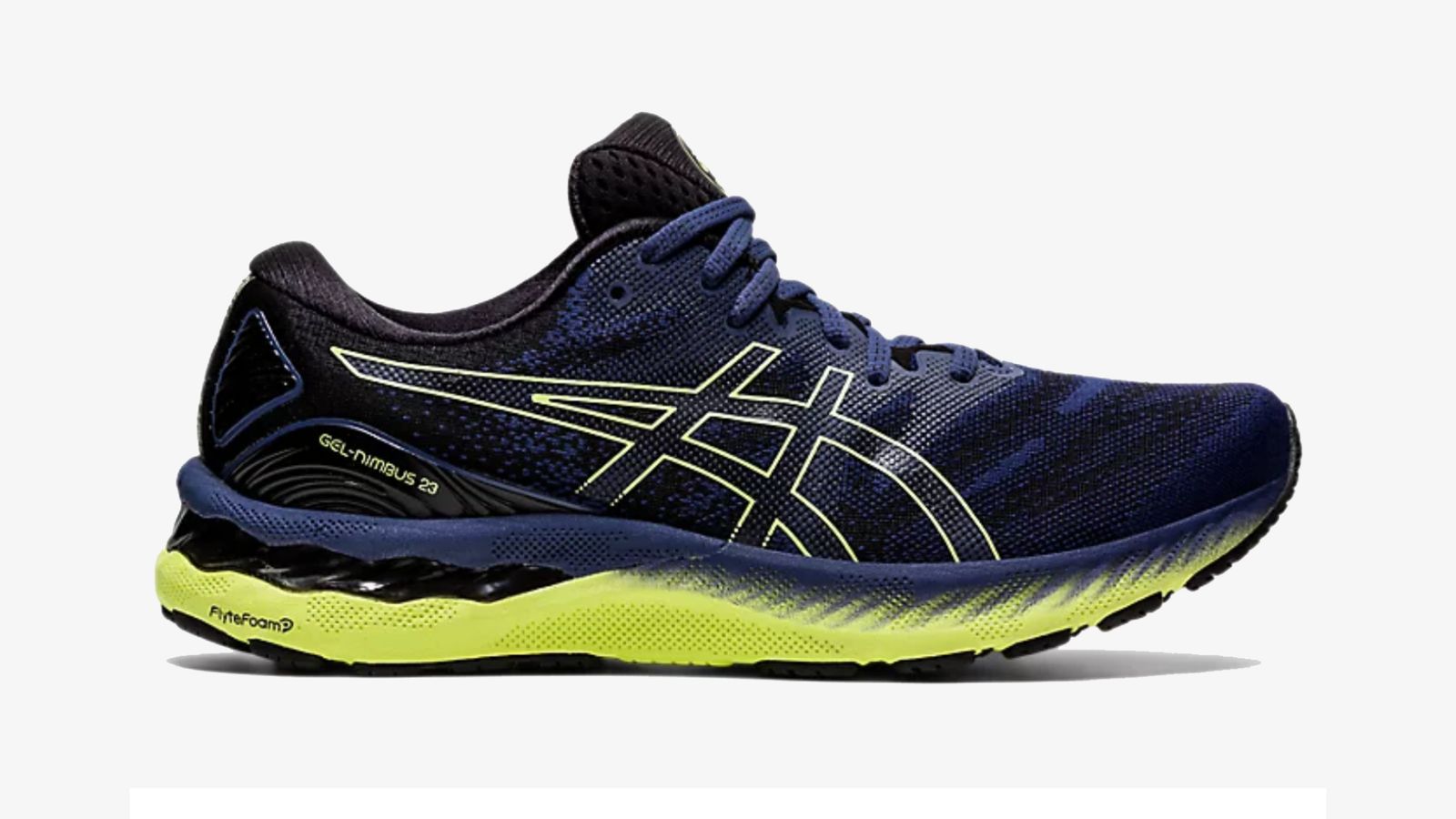 ASICS Gel-Nimbus 23 product image of a dark blue knitted trainer with volt yellow accents.