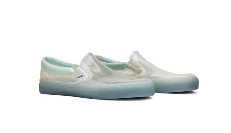 Opening Transparent x Vans Slip On Transparent product image of a white pair of shoes with light blue translucent midsoles.