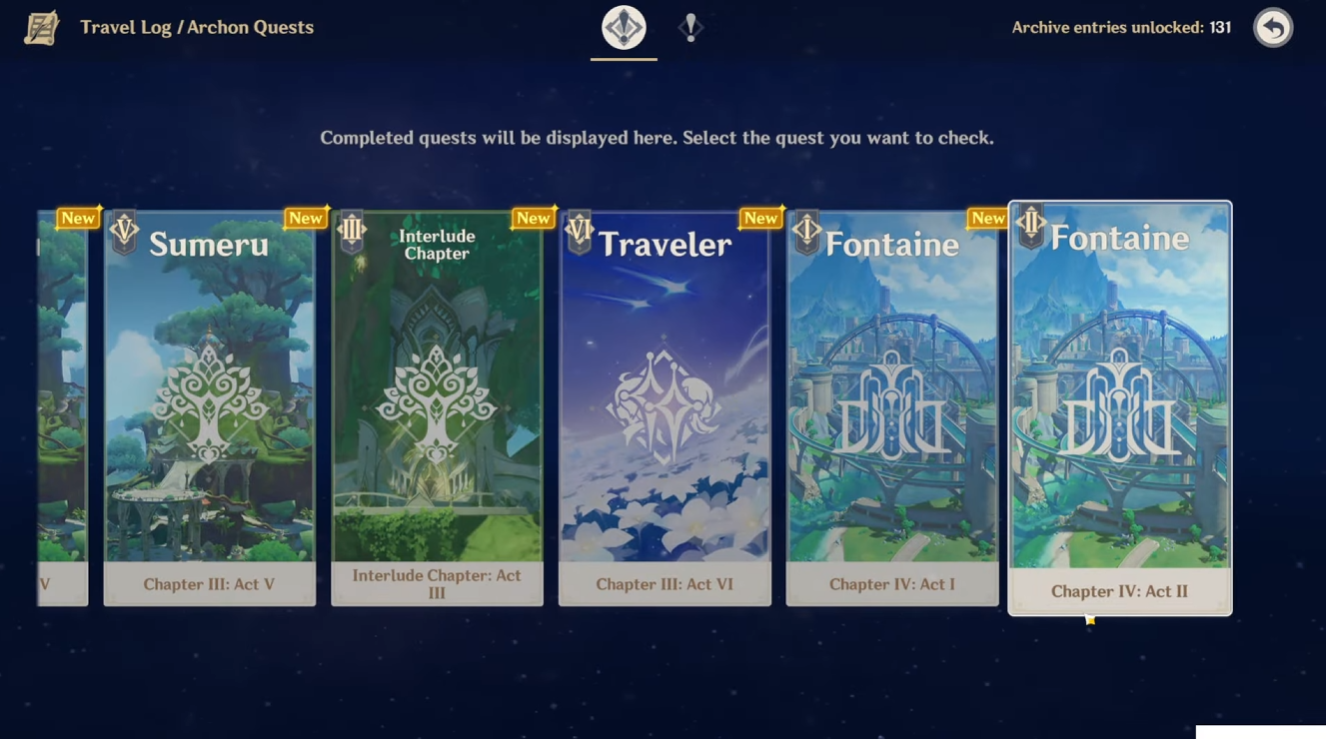 A screenshot of Genshin Impact Travel Log/Archon Quests in KyoStinV YouTube video.