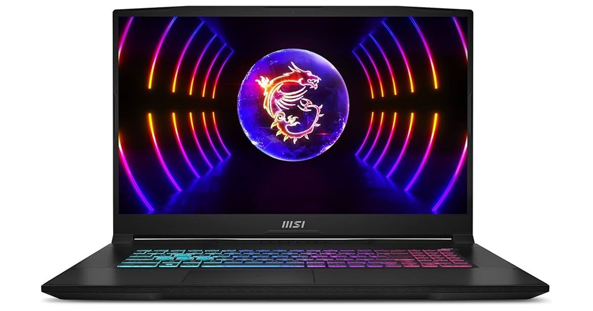 MSI Katana 17 product image of a black laptop with blue, pink, and red backlit keys to match the purple, pink, and orange dragon branding on the display.