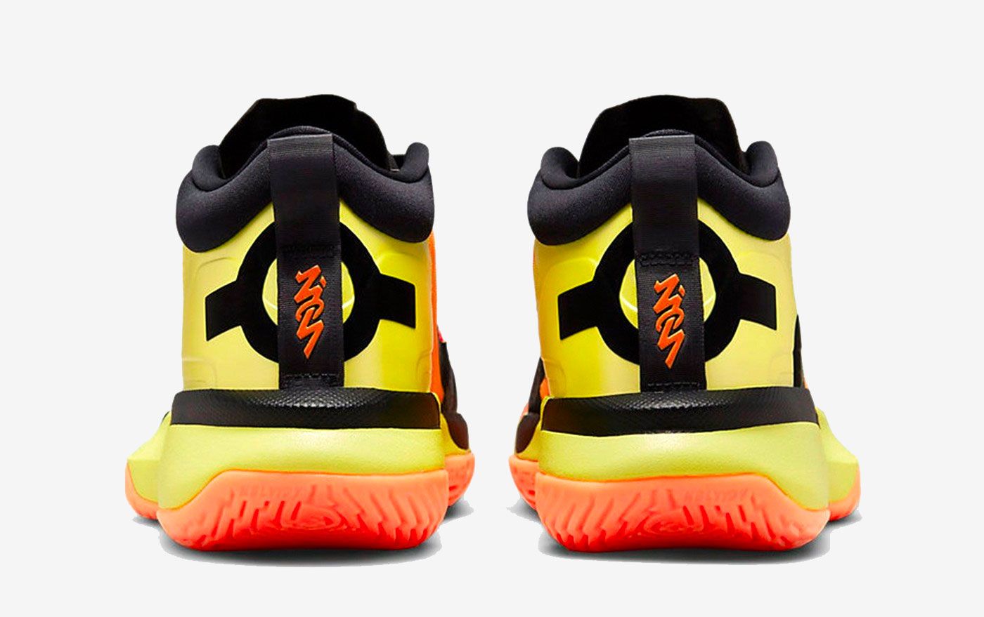 Naruto x Jordan Zion 1 product image of an orange and yellow sneaker with black overlays and details.