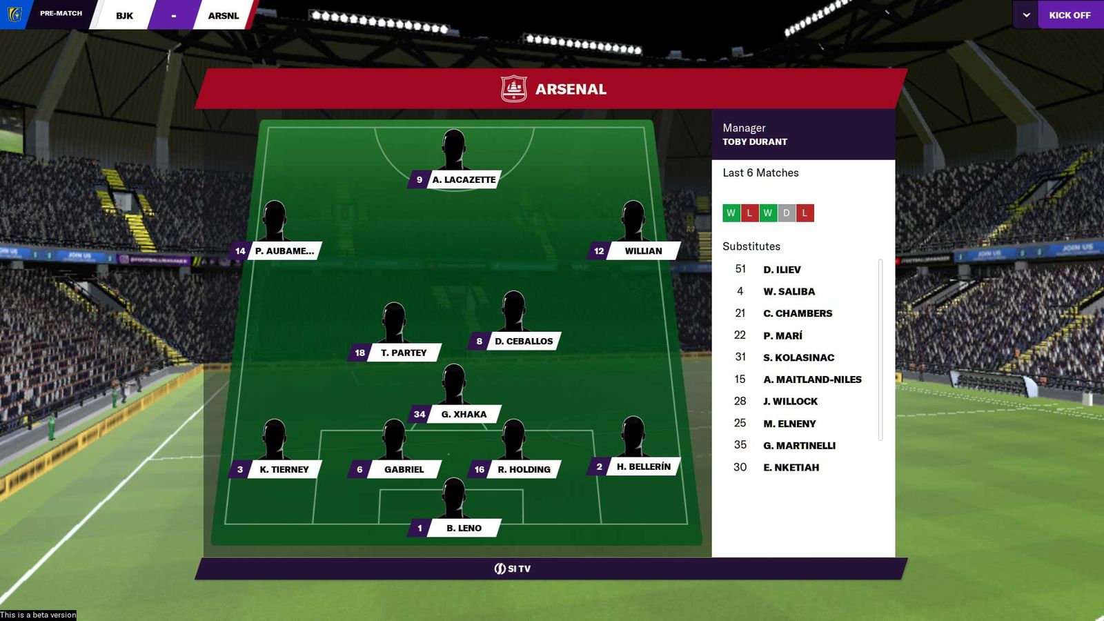 Pre-game team lineup graphics on Football Manager 2021