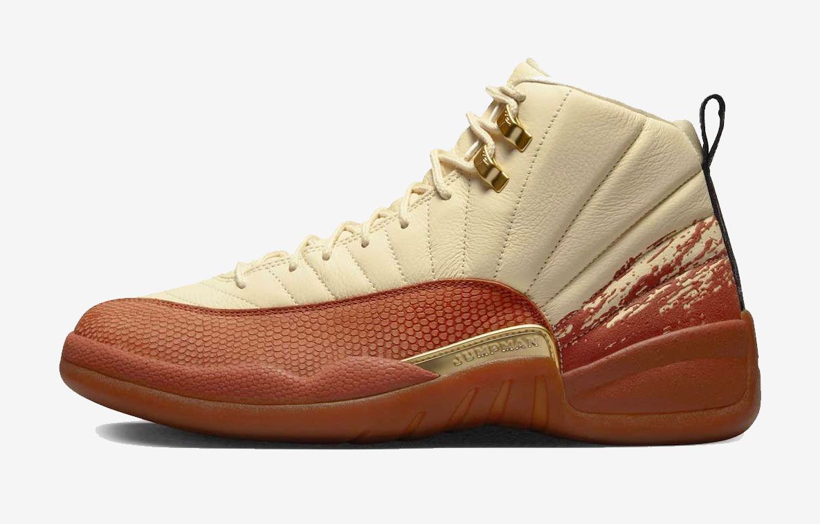 Eastside Golf x Air Jordan 12 product image of a Muslin and Black-Burnt Sunrise high-top with metallic gold accents.