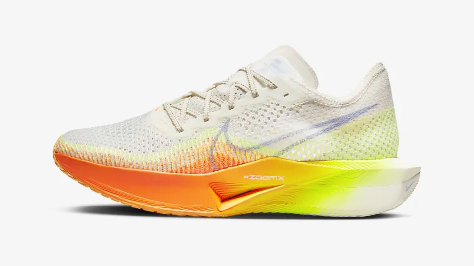 Nike Vaporfly 3 product image of a sail white knitted trainer featuring orange, volt yellow, and light blue details.