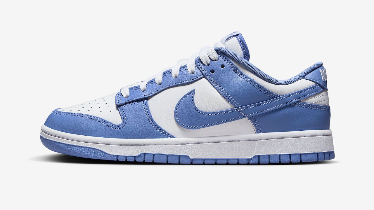 Nike Dunk Low "Polar Blue" product image of a white and light blue leather Nike Dunk Low.