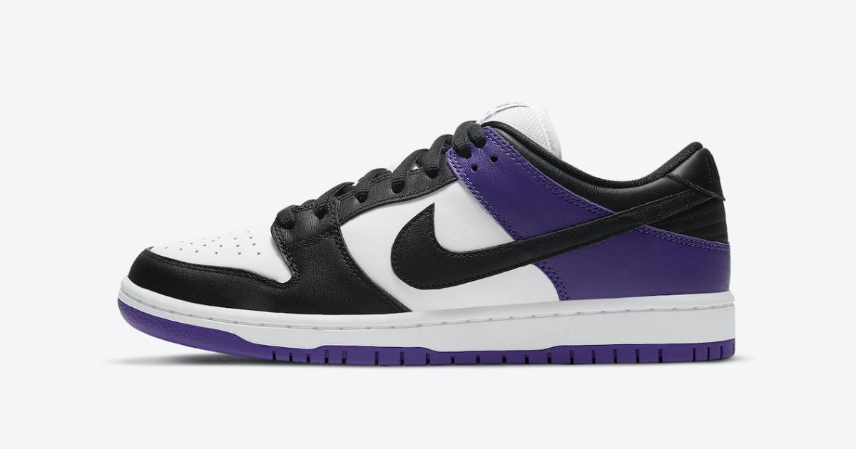 Nike SB Dunk Low "Court Purple" product image of a black, white, and purple leather low-top.