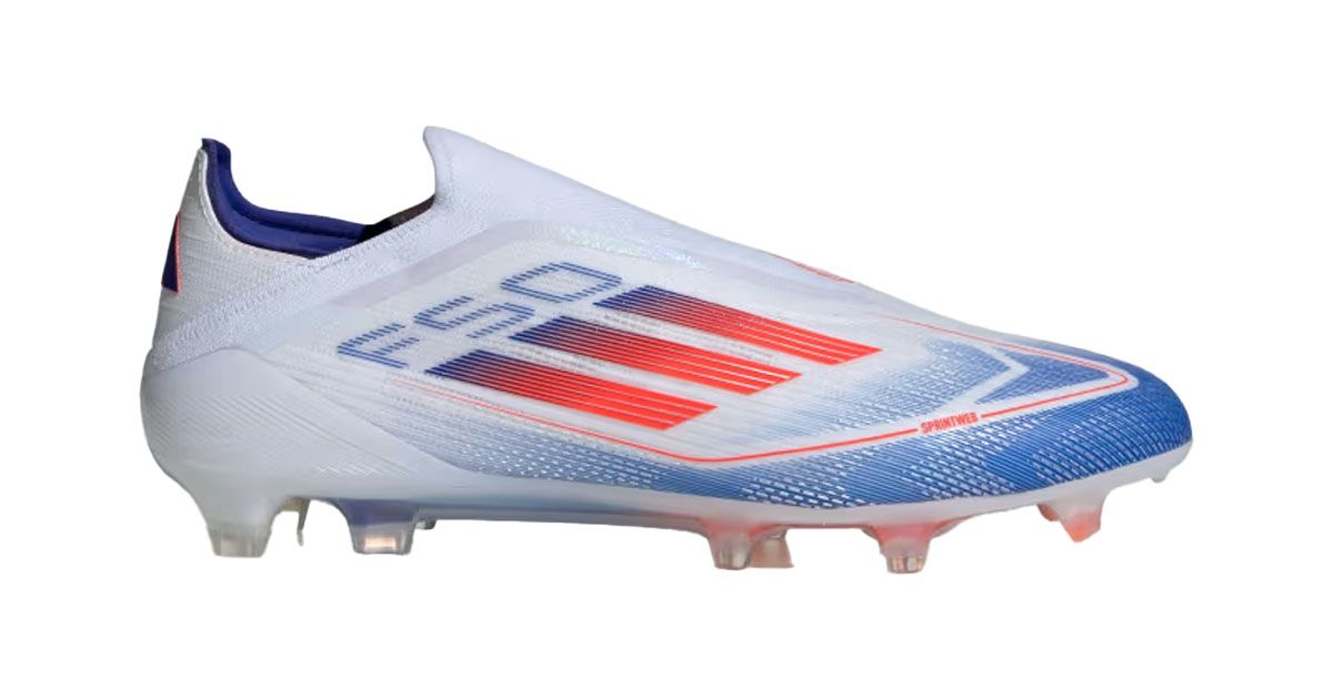 adidas F50 Elite product image of a white and blue laceless football boot featuring orange design details.