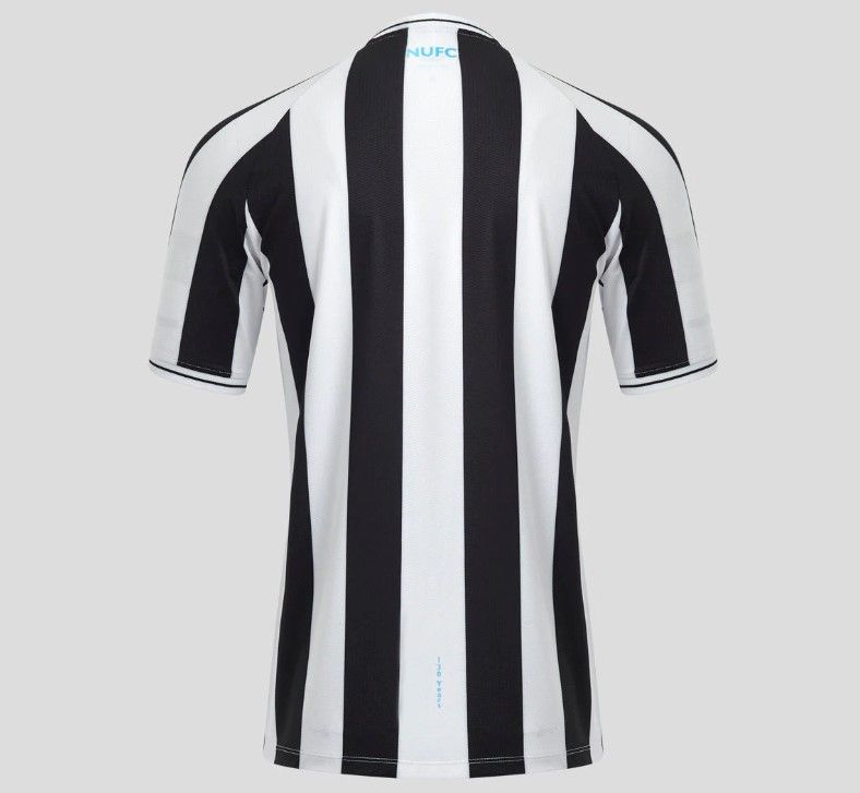 Newcastle United home kit 2022/23 product image of a white and black striped shirt with light blue details.