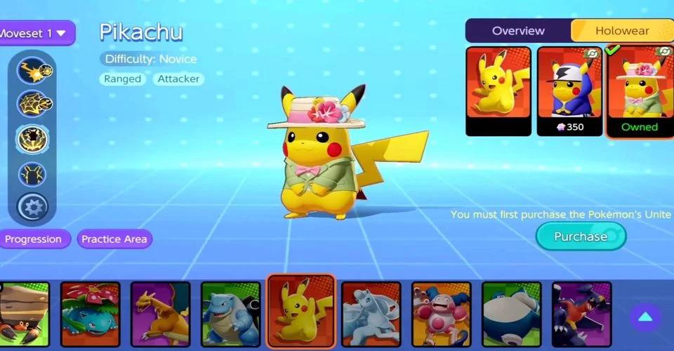 A scene in Pokemon Unite with Pikachu trying different outfits