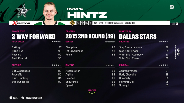 NHL 24 Roope Hintz attributes