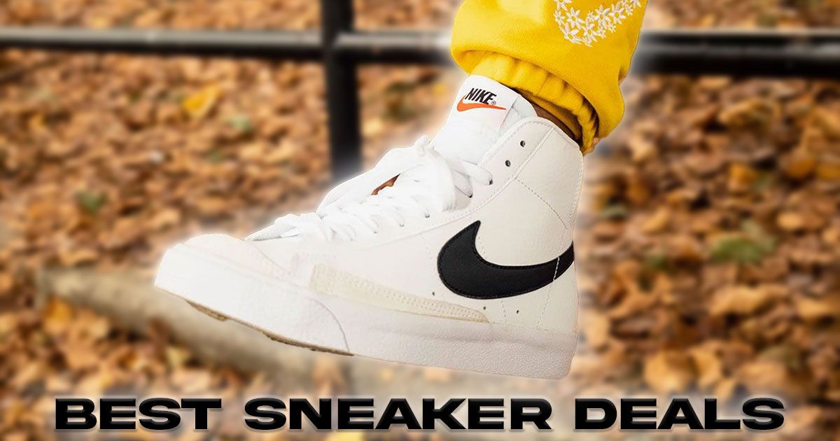 Someone in yellow joggers wearing a white Nike Blazer Mid featuring a black Swoosh down the side. Below, "Best Sneaker Deals" branding.