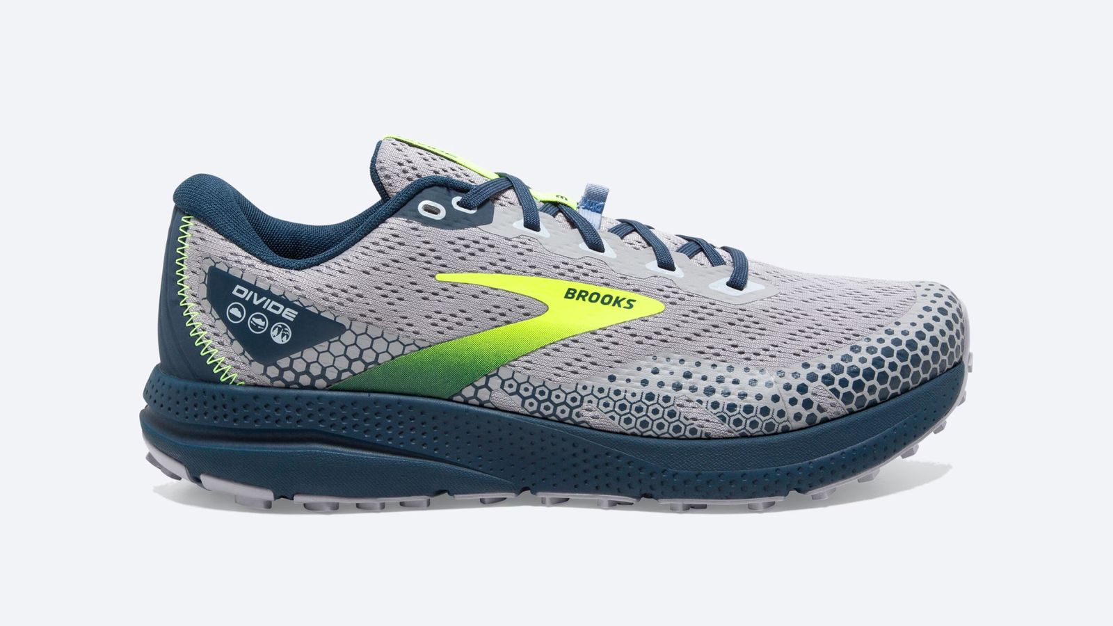 Brooks Divide 3 product image of an alloy grey mesh shoe with a navy sole and lining, plus a yellow and green swoosh on the side.