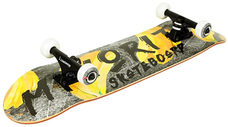 Best skateboard Minority product image of the underside of the board featuring an abstract yellow and grey design with 'Minority Skateboard' branding across it.