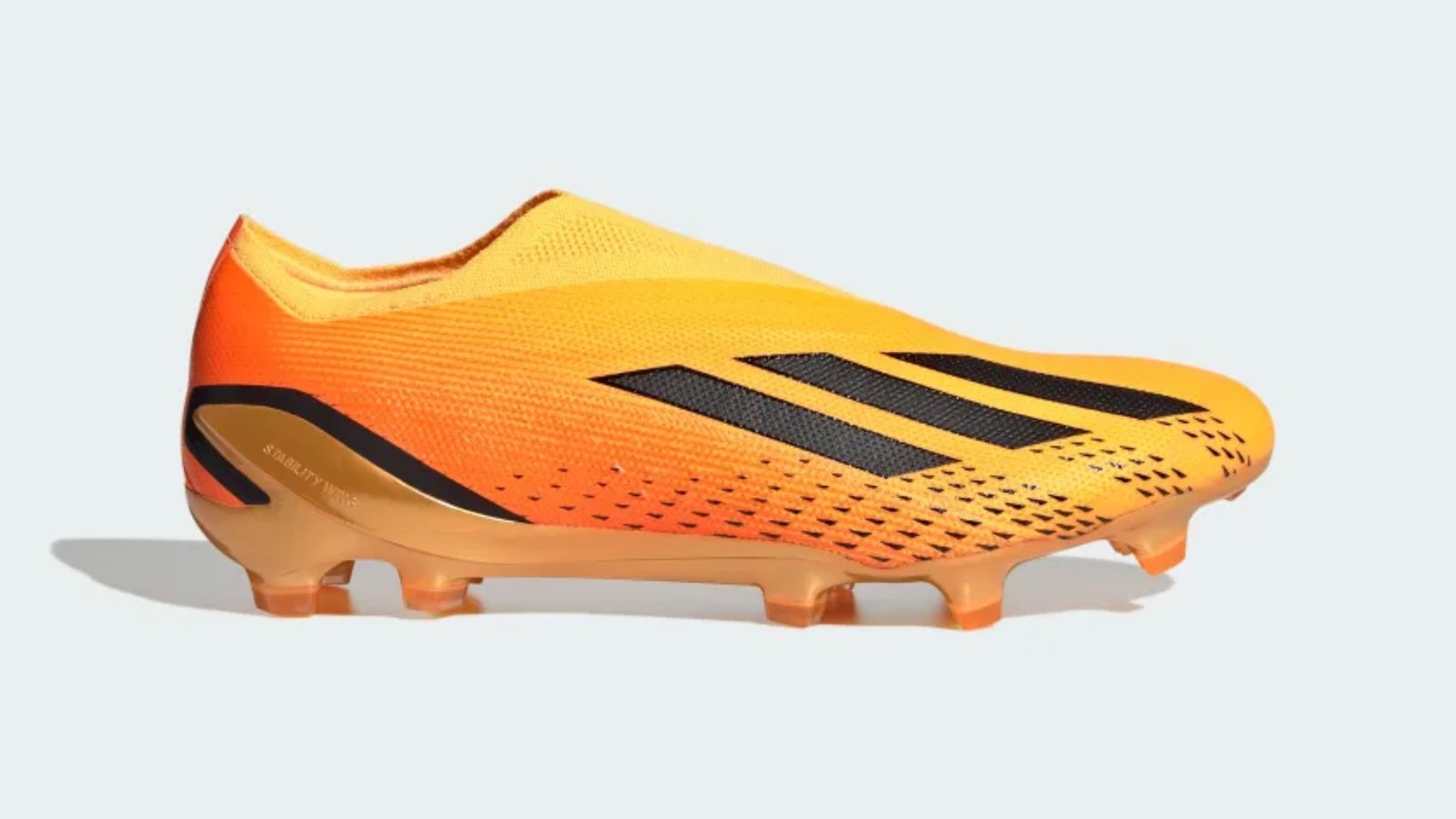 adidas X Speedportal+ product image of an orange adidas football boot featuring three black stripes across the side.