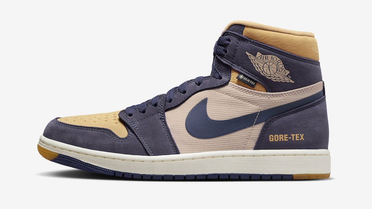 Air Jordan 1 High Element GORE-TEX "Sky J Purple" product image of a purple, beige, and yellow high-top sneaker.