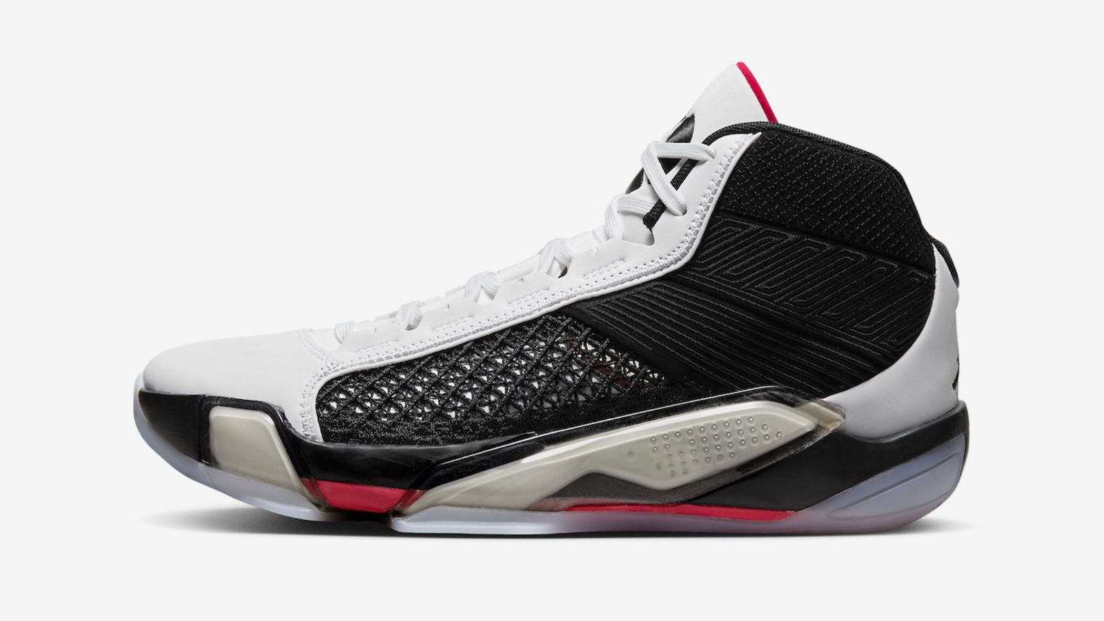 Air Jordan 38 product image of a white and black high-top sneaker featuring a clear sole and red details.