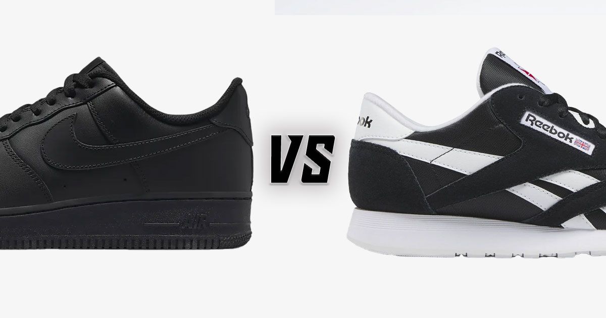 An all-black Air Force 1 Low vs a black Reebok sneaker featuring white details to match the sole unit.