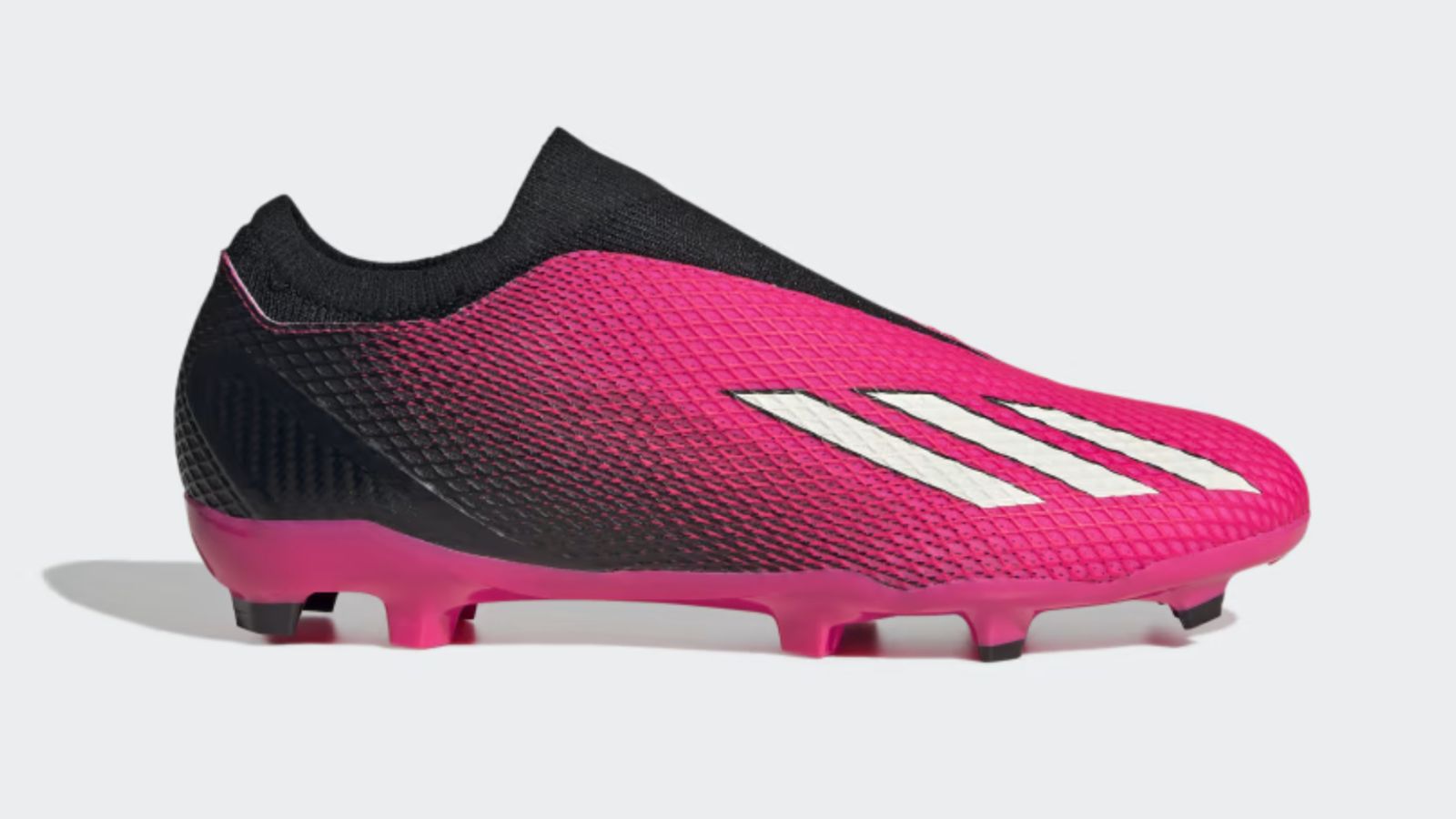 adidas X Speedportal.3 product image of a black and pink laceless football boot featuring three adidas stripes in white on the side.