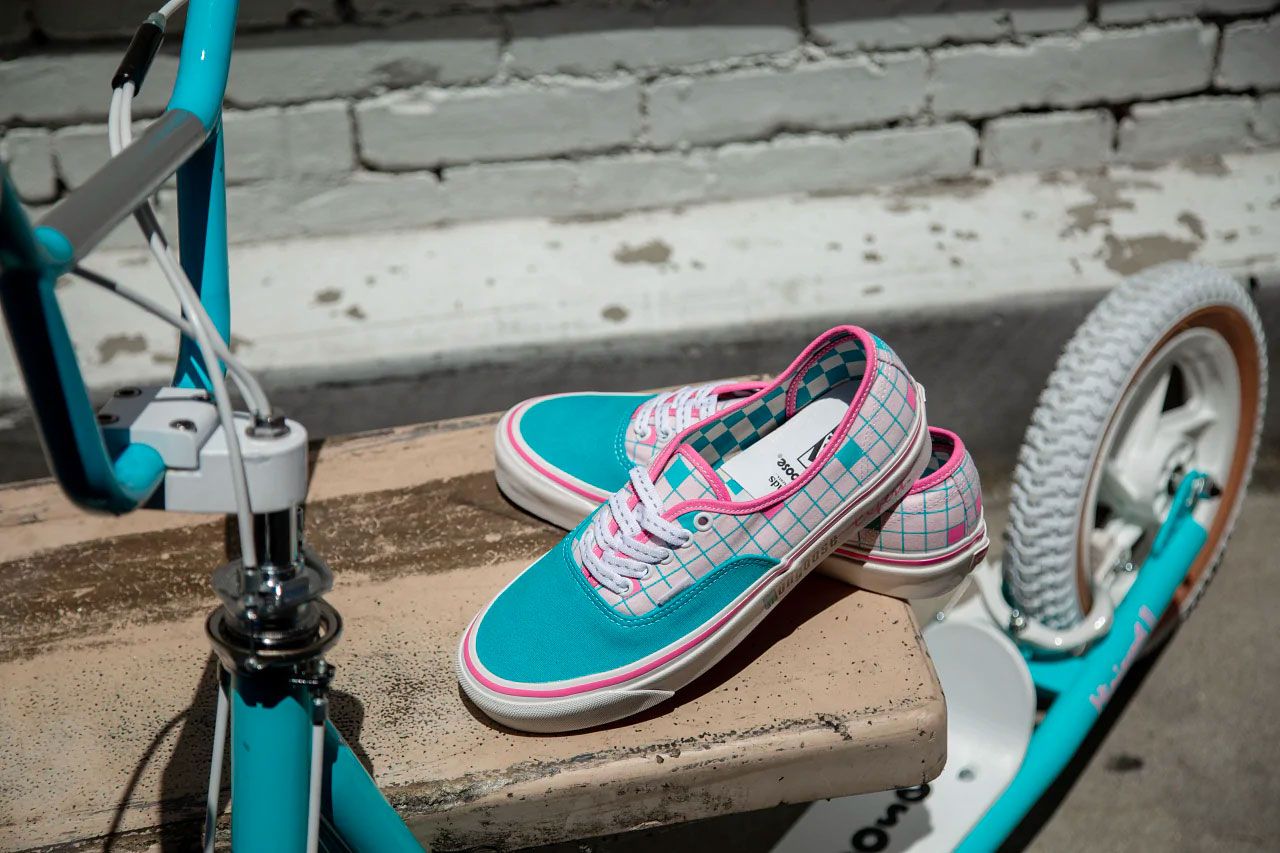 Vans x Mongoose Presented By Our Legends product image of a pair of light blue and white sneakers with a pink and white checkerboard pattern.