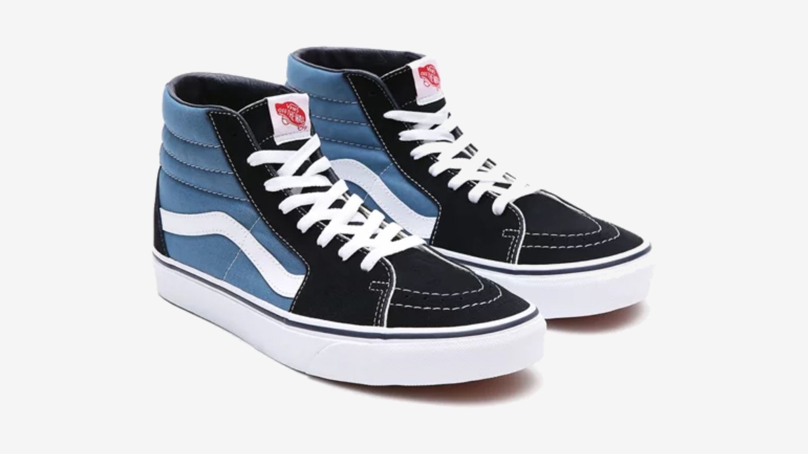 Vans Sk8-Hi product image of a black and navy pair of high-tops with white accents.