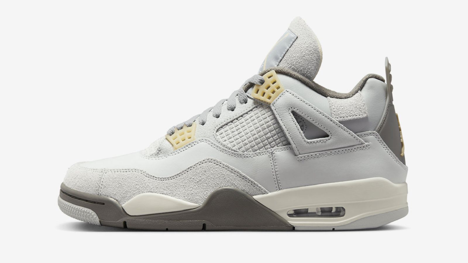 Air Jordan 4 "Photon Dust" product image of a pale grey sneaker with darker grey and vanilla accents.