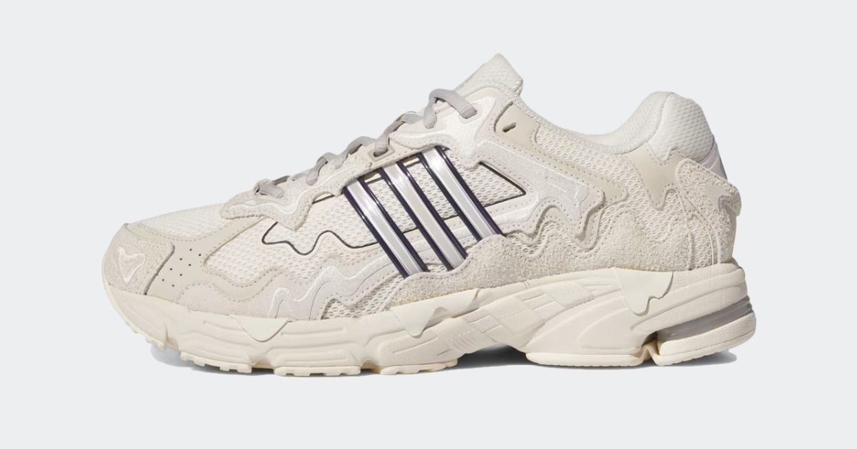 Bad Bunny x adidas Response CL "Wonder White" product image of a cream and off-white low-top shoe featuring grey stripes outlined in black down the side.