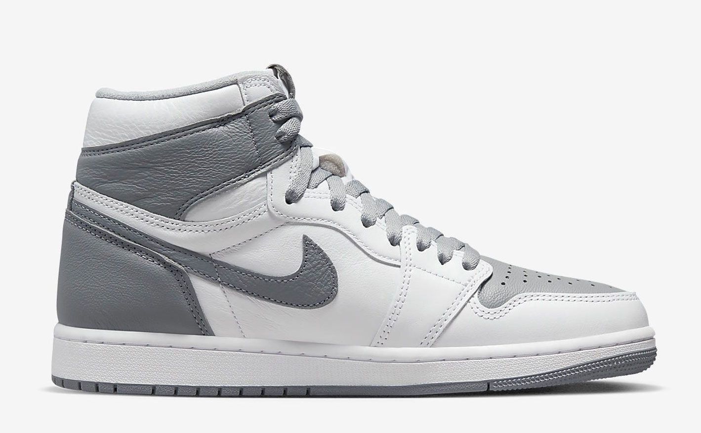 Air Jordan 1 High OG "Stealth" product image of white high-top sneakers with light grey overlays.