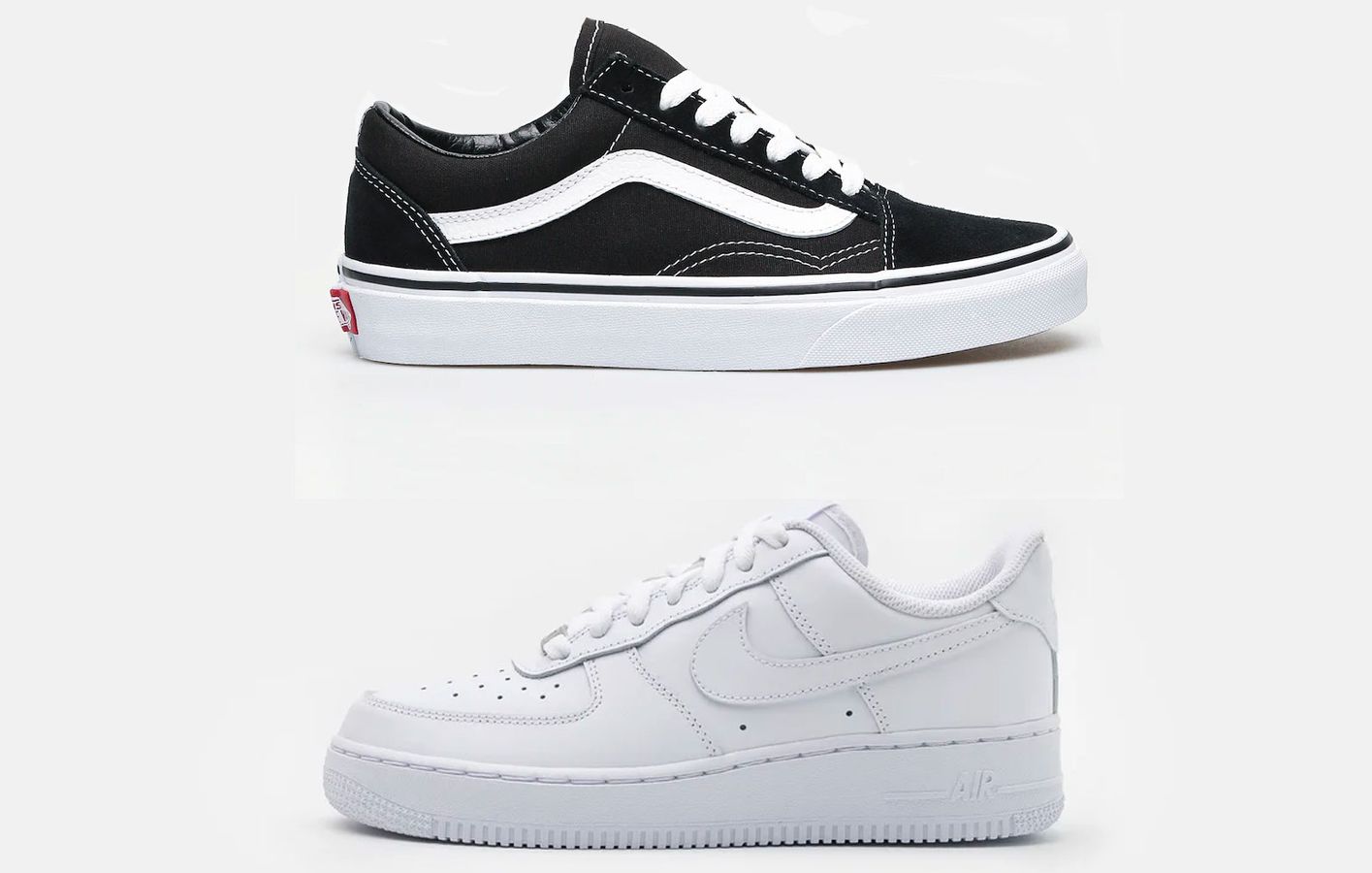 Vans Old Skool product image of a black canvas and white sneaker on top of a triple-white Nike Air Force 1.