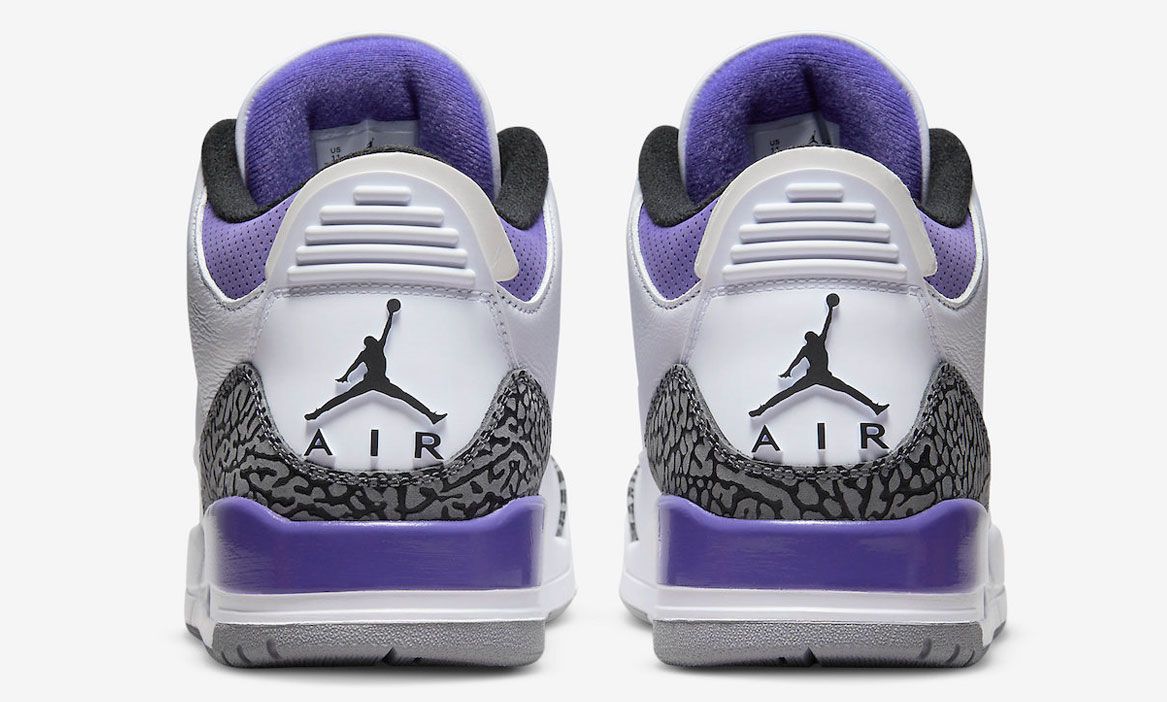 Air Jordan 3 "Dark Iris" product image of a white sneaker with purple and black elephant print details. 