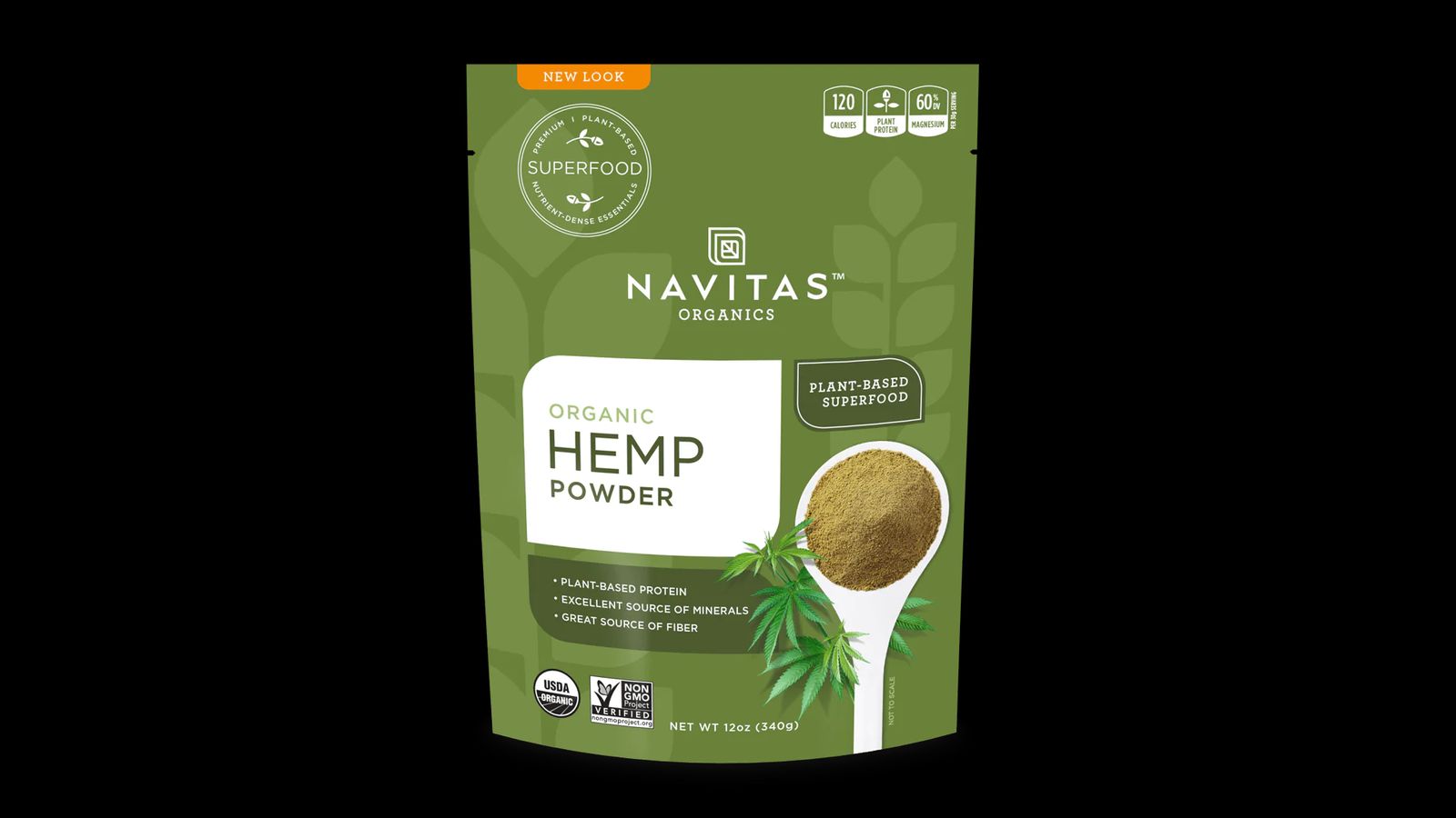 Nutiva Organic Hemp Powder product image of a green, sealed pouch featuring white branding and an image of hemp protein powder on the front.