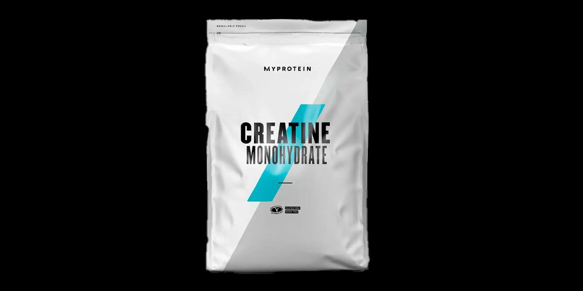 MyProtein Creatine Monohydrate product image of a white sealed pouch featuring a grey diagnoal stripe and black and light blue branding.