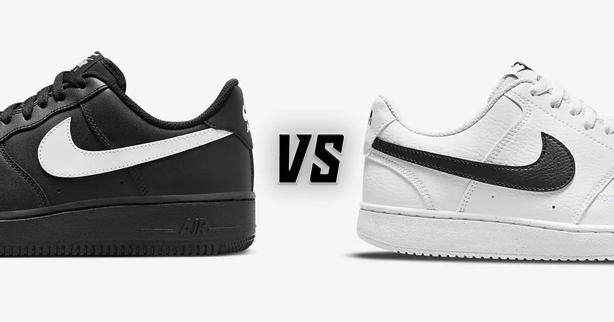 A black Air Force 1 with a white Swoosh down the sidewall vs. a white Nike Court Vision Low with a black Swoosh down the sidewall.