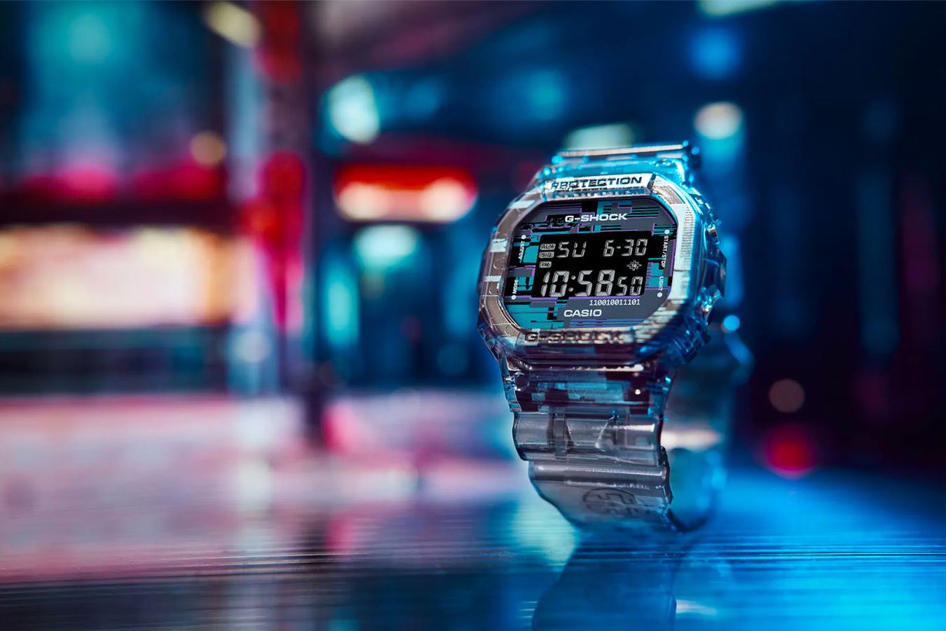 G-SHOCK Digital Glitch Series DW-5600NN-1 product image of a  semitransparent watch with an electrical glitch print.