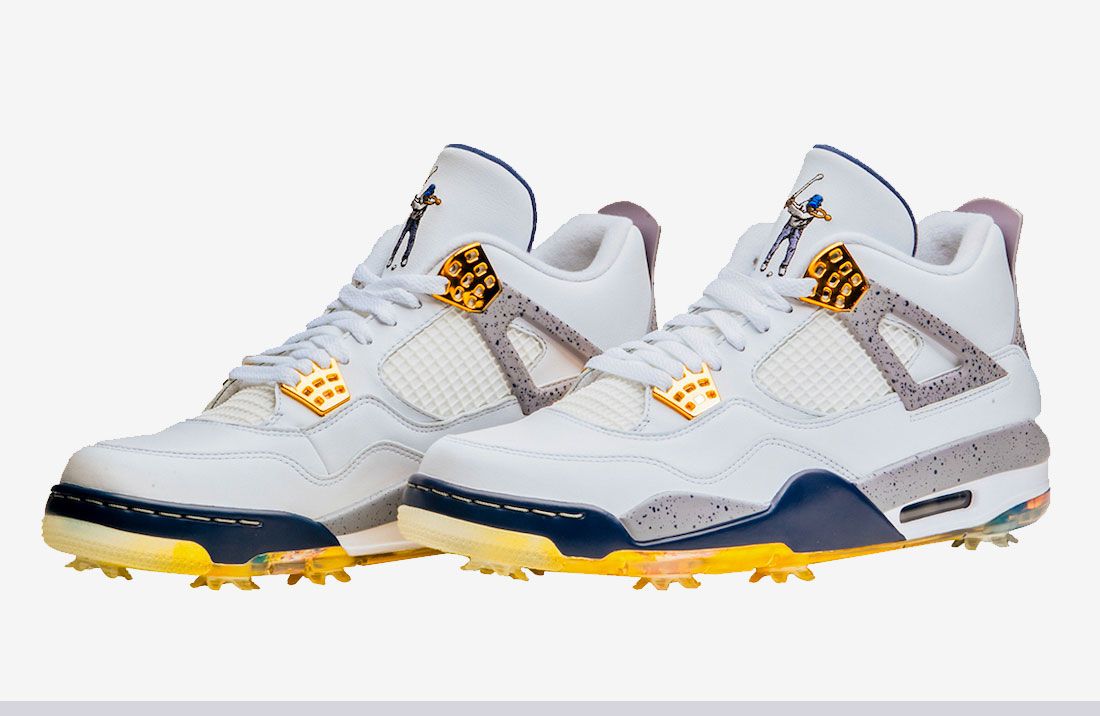 Eastside Golf x Air Jordan 4 product image of a white and midnight navy sneaker with speckled grey overlays and gold accents.