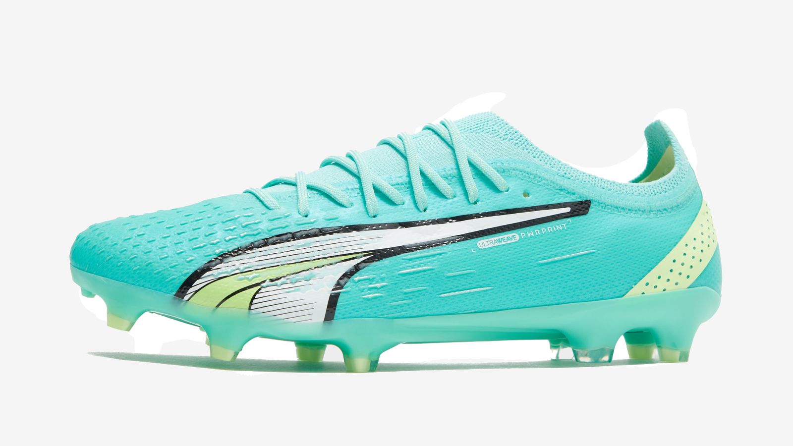 PUMA Ultra Ultimate product image of a turquoise boot with light green details and a white and black stripe down the side.