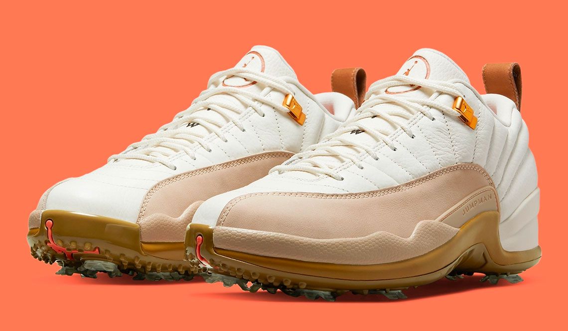 Air Jordan 12 Low Golf NRG "Driftwood" product image of a cream leather and tan suede sneaker with golf details.