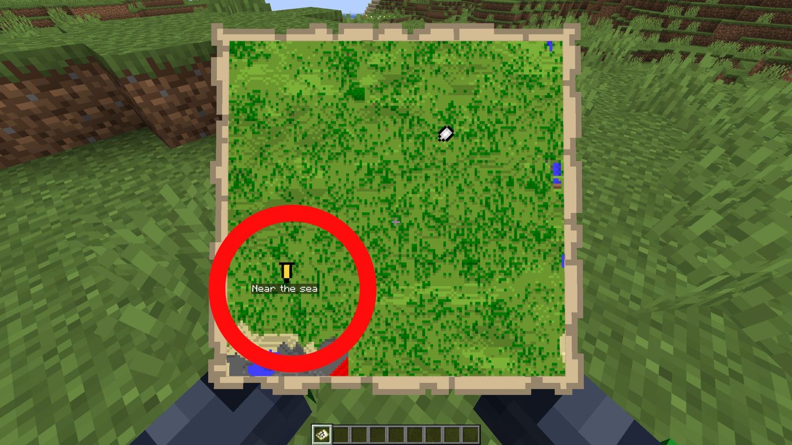 A screenshot of a banner marker on a Minecraft map.