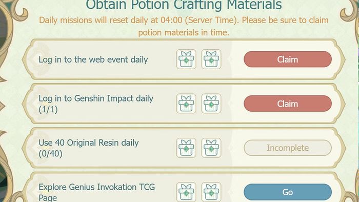 Daily tasks for Genshin Impact Glittering Elixirs Web Event