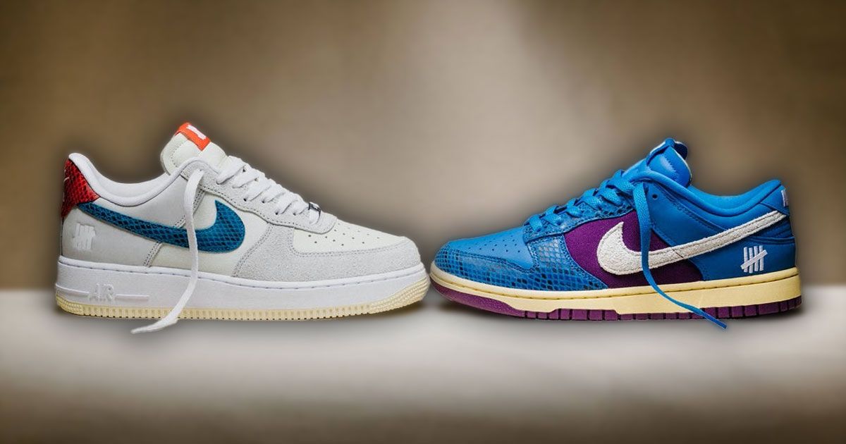 An off-white UNDEFEATED Air Force 1 with a blue Swoosh opposite a blue and purple Nike Dunk.